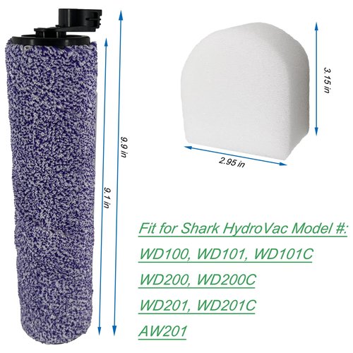 Dttery 2 Brush Rolls and 4 Foam Filters Replacement for Shark WD100 WD101 WD160 WD161 WD200 WD201 WD261 AW201 AW261 AW302 HydroVac Pro XL 3 in 1 Vacuum Brushroll WDB1 WDB2 WDB1F2