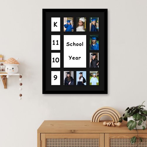 HEYTUYA 12x16 School Years Picture Frame K-12, Display One 5x7 Photo and Twelve 2.5x3.5 Pictures, Graduation Photo Collage Black Frame with Mat and Plexiglass for Wall hanging, Black Mat, Black