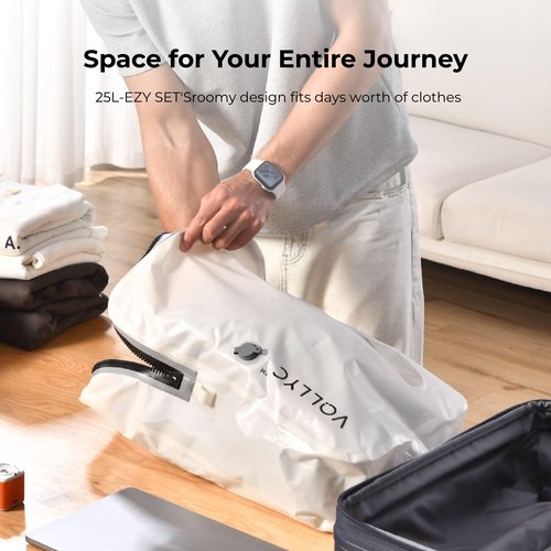 VOLLYC Travel Vacuum Bags with Pump, 25L Large Capacity Vacuum Bags for Travel, IPX7 Waterproof, Open Zipper, Reusable Travel Essentials Compression Bags for Luggage Backpack Suitcase Home Storage