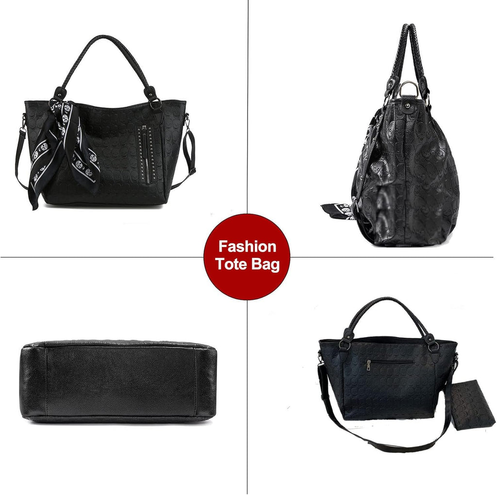 Zuoge Women’s Skull Tote Bag - Stylish Studded PU Leather Handbag & Wallet Set | 3-Piece Collection