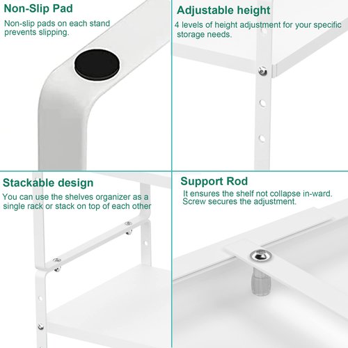 iPEGTOP Expandable Cabinet Storage Shelf Organizer Rack, Heavy Duty Cupboard Stand Spice Rack Adjustable Height Garage Pantry Shelf Space Riser for Counter Kitchen Organization, White, 2 Pack