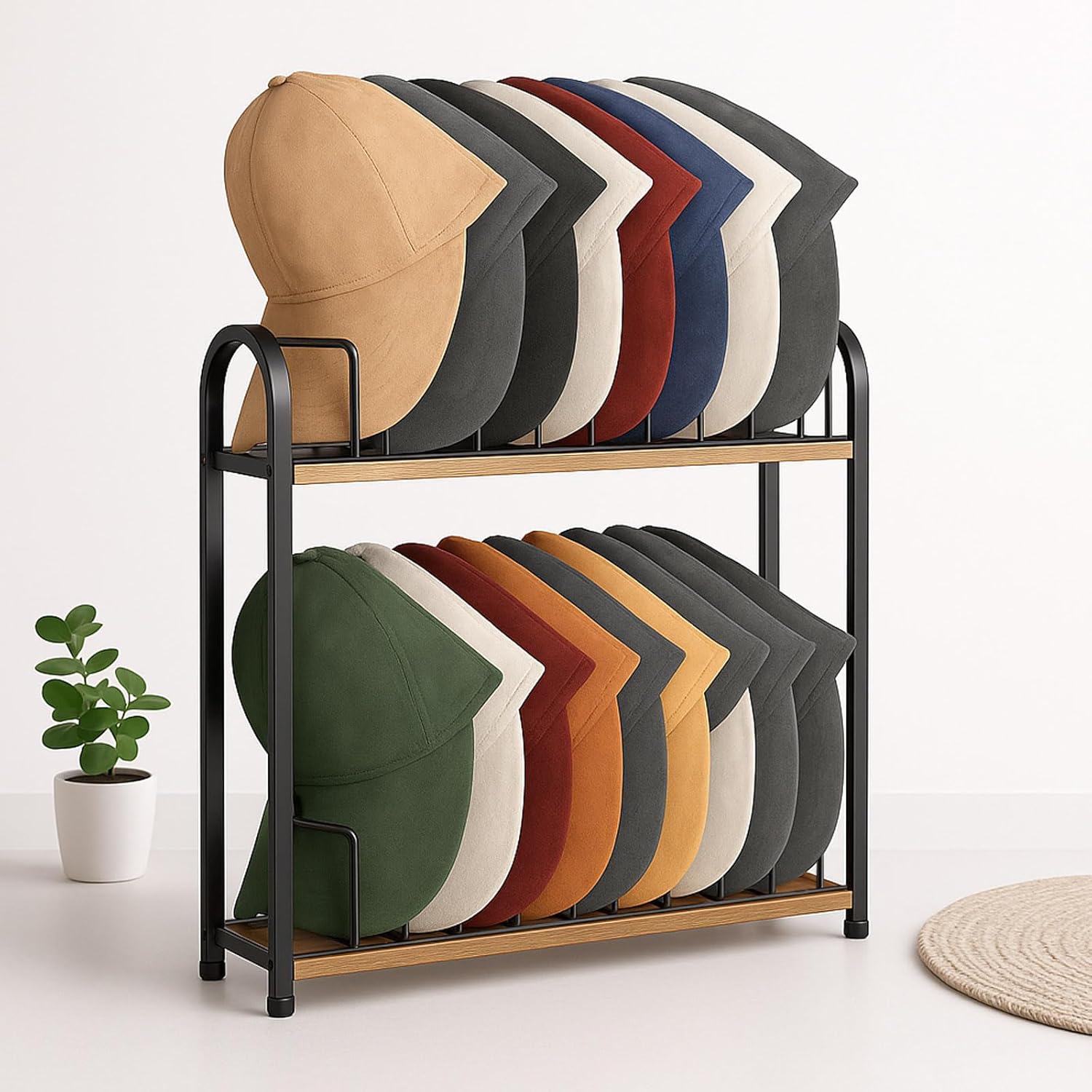 SWTYMIKI Hat Stand for Baseball Caps - 2-Tier Wood & Metal Organizer | Holds Up to 20 Caps (Black)