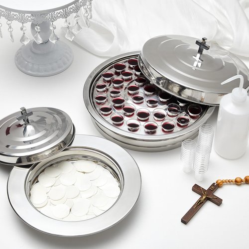 Zhehao 2 Pcs Communion Set Holy Trays for Churches with Lid Communion Plates with Lid Churches Cups Filler and Disposable Cups Supplies (Silver)