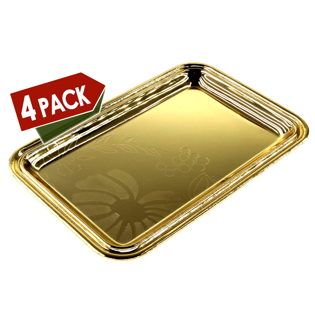 Maro Megastore (Pack of 4) 7 inch x 4.7 inch Rectangular Iron Gold Plated Mirror Serving Tray Floral Engraved Decorative Party Birthday Wedding Buffet Wine Decor Platter Plate Base Dish CC-1155
