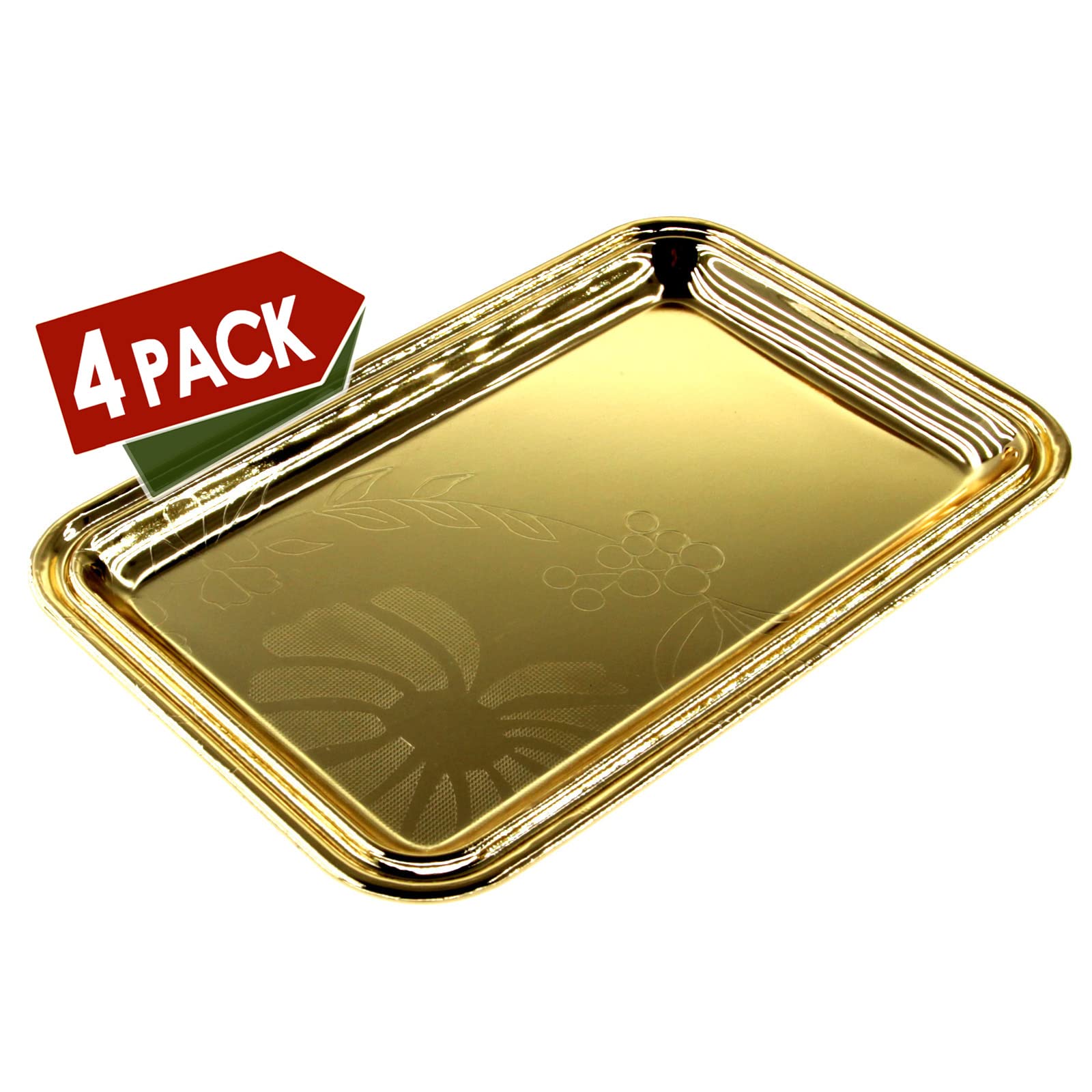 Maro Megastore (Pack of 4) 7 inch x 4.7 inch Rectangular Iron Gold Plated Mirror Serving Tray Floral Engraved Decorative Party Birthday Wedding Buffet Wine Decor Platter Plate Base Dish CC-1155