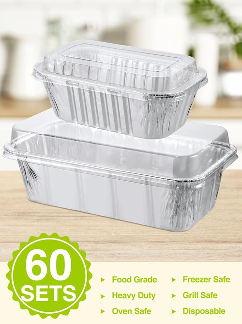 NEEBAKE 60 Pack Disposable Aluminum Loaf Pans with Lids Combo Set - 30 Pack 8.5x4.5x2.5 Foil Loaf Pans & 30 Pack 6x3.5x2 Mini Tin Foil Baking Pans Tin Trays Food Containers for Baking Cakes Bread Meat