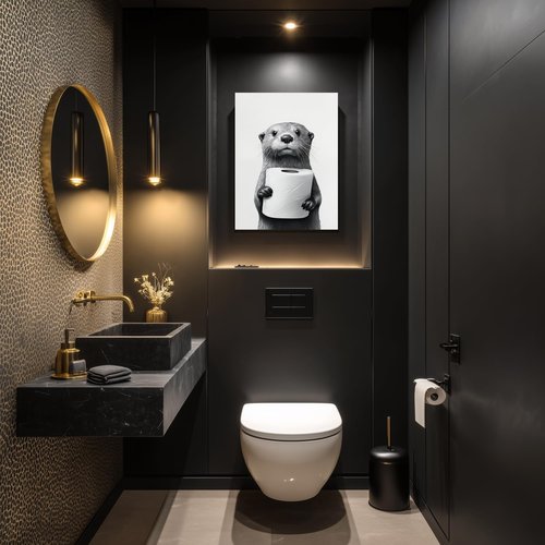 IAFWZX Funny Bathroom Wall Art - Black and White Otter Holding Toilet Paper | Cute Canvas Decor 12"x16"