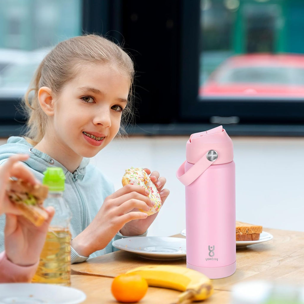 Skiennix 18oz Kids Insulated Water Bottle - Leak Proof Straw Lid & Silicone Handle | Light Pink