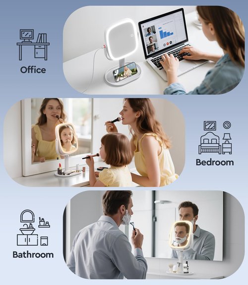 Glowtop Height Adjustable Lighted Makeup Mirror with Magnification, 20X Magnifying Mirror with Light 4000mAh Rechargeable, Tray Base and Phone Stand for Desk - Creamy White