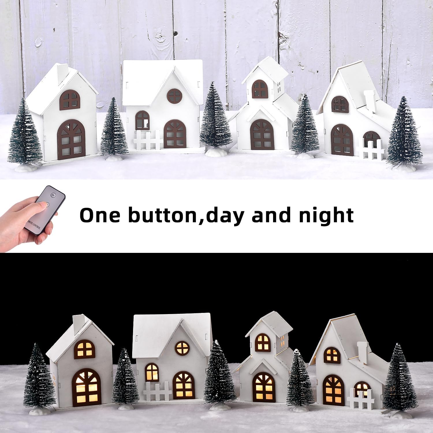 Ovootok Christmas Sculpture Set - 9-Piece Wood & Plastic Decor with 4 LED Lighted Houses & 5 Frosted Trees