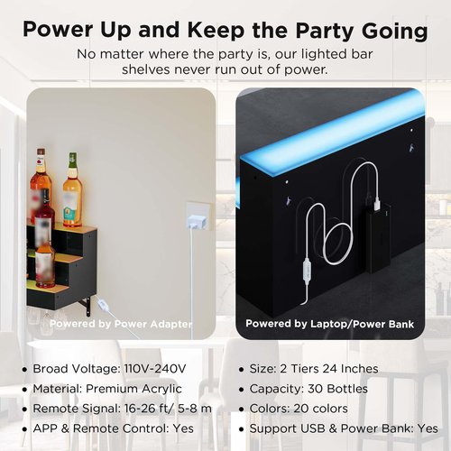 Dethan 2 Tier 24 Inch LED Lighted Liquor Bottle Display Shelf - Wall-Mounted Wine Rack with Multi-Color App & Remote Control, Adjustable Brightness & Sound Modes, Acrylic Bar Shelves for Home Bars