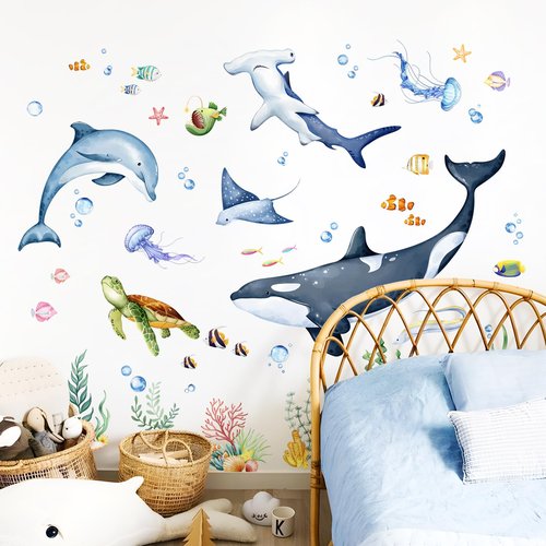 Whales Under The Sea Wall Decals, Sea Turtles Dolphin Jellyfish Wall Stickers Rays Coral Seaweed Peel and Stick Wall Decal Self Adhesive Wall Art Sticker for Baby Nursery Kids Room Home Decor