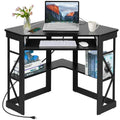 VECELO Corner Computer Desk 41x30 inches with Charging Station & Keyboard & Storage Shelves for Small Space,Triangle Table for Home Office Bedroom,Black