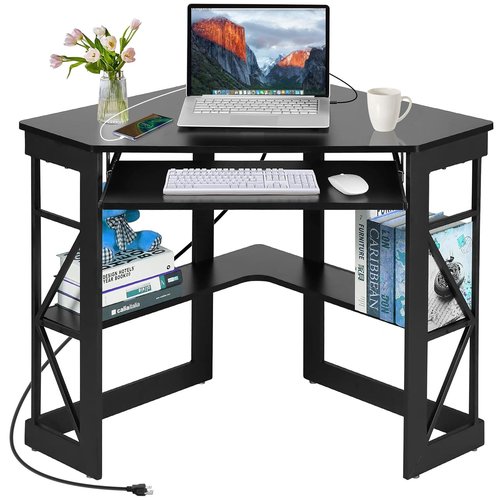 VECELO Corner Computer Desk 41x30 inches with Charging Station & Keyboard & Storage Shelves for Small Space,Triangle Table for Home Office Bedroom,Black