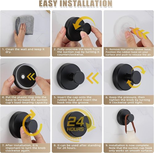 **Regine Switzerland Suction Cup Hooks - No-Drill Bathroom Towel & Robe Holders | Matte Black (Set of 4)**