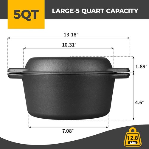 EDGING CASTING 5QT Pre-Seasoned Cast Iron Dutch Oven | Versatile 2-in-1 Cooking Pan with Skillet Lid