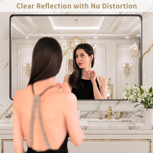 LOAAO Black Metal Framed Bathroom Mirror - 48x40 Inch Rounded Rectangle, Anti-Rust, Versatile Hanging Options