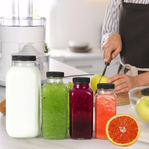 CAKKVDE 8 oz Glass Juice Bottles with Lids 6 Pack,Reusable Glass Drink Bottles,250ml Water Drinking Jars for Milk,Juicing,Kombucha,Ginger,Beverage Glassware,Juice Drinking Jars