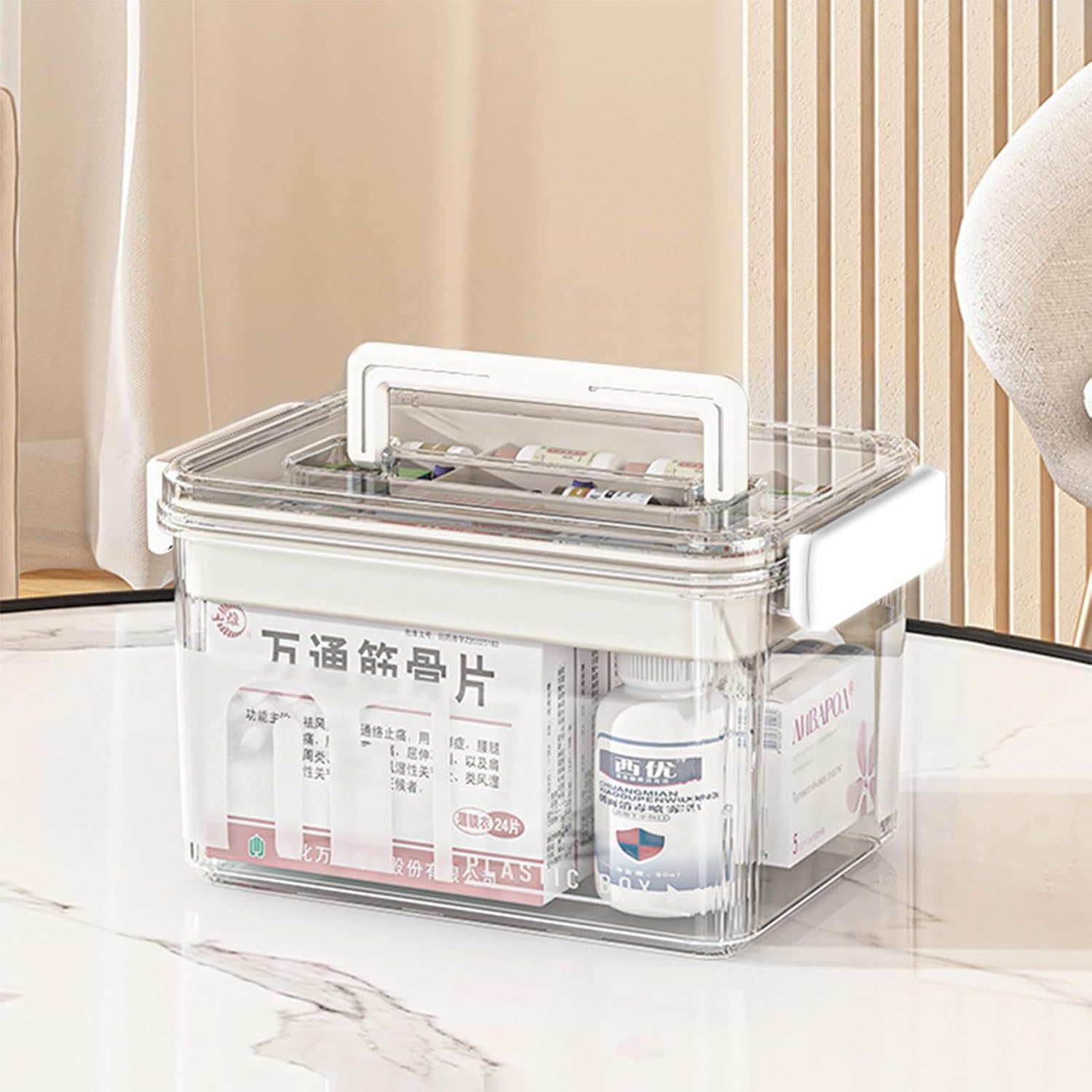 Skiennix Medicine Storage Box - Clear Plastic Organizer with Removable Tray for Home & Travel