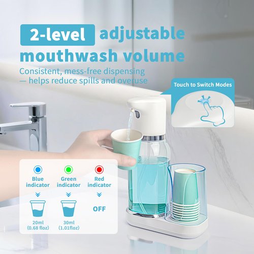 WannSenn Automatic Mouthwash Dispenser for Bathroom Set, Smart Electric Mouthwash Dispenser with Cup Holder, 25oz Mouthwash Container, Rechargeable, Suitable for All Age Groups, White