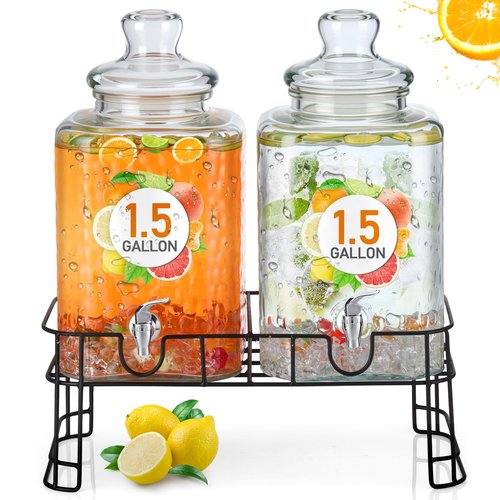 Honeydak 1.5 Gallon Glass Beverage Dispenser with Stand Spigot Glass Lid Leakproof Drink Dispenser Ice Drink Clear Lemonade Juice Jar for Party Wedding Kitchen (2 Pack)