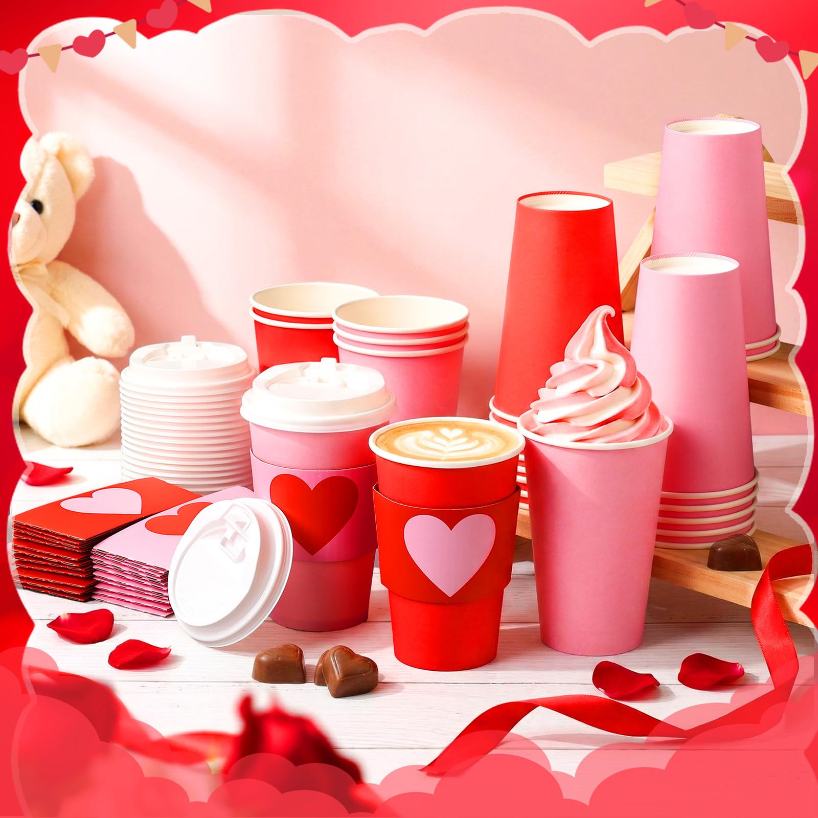 Sunnychicc 24 Set Valentine's Day Disposable Coffee Cups with Lids and Sleeves 16oz Red Pink Paper Cups Beverage Drinking Cup Heart Shaped Sleeves for Anniversary Wedding Bridal Shower Party Supplies