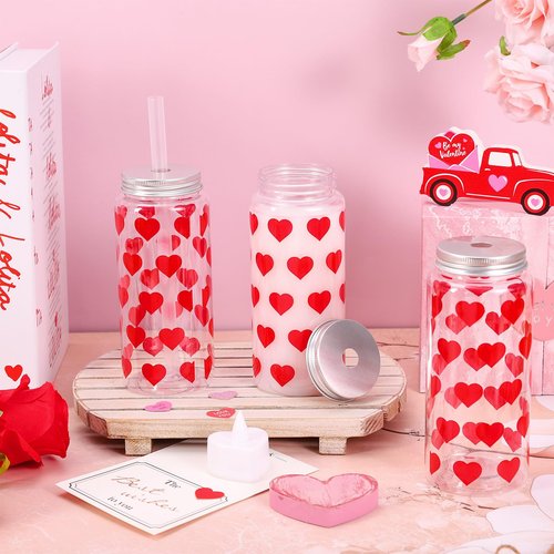 Whaline 20Pcs Valentine's Day Plastic Cups with Lids and Straws Clear Party Drinking Cups Red Heart Reusable Tumblers for Holiday Party Supplies