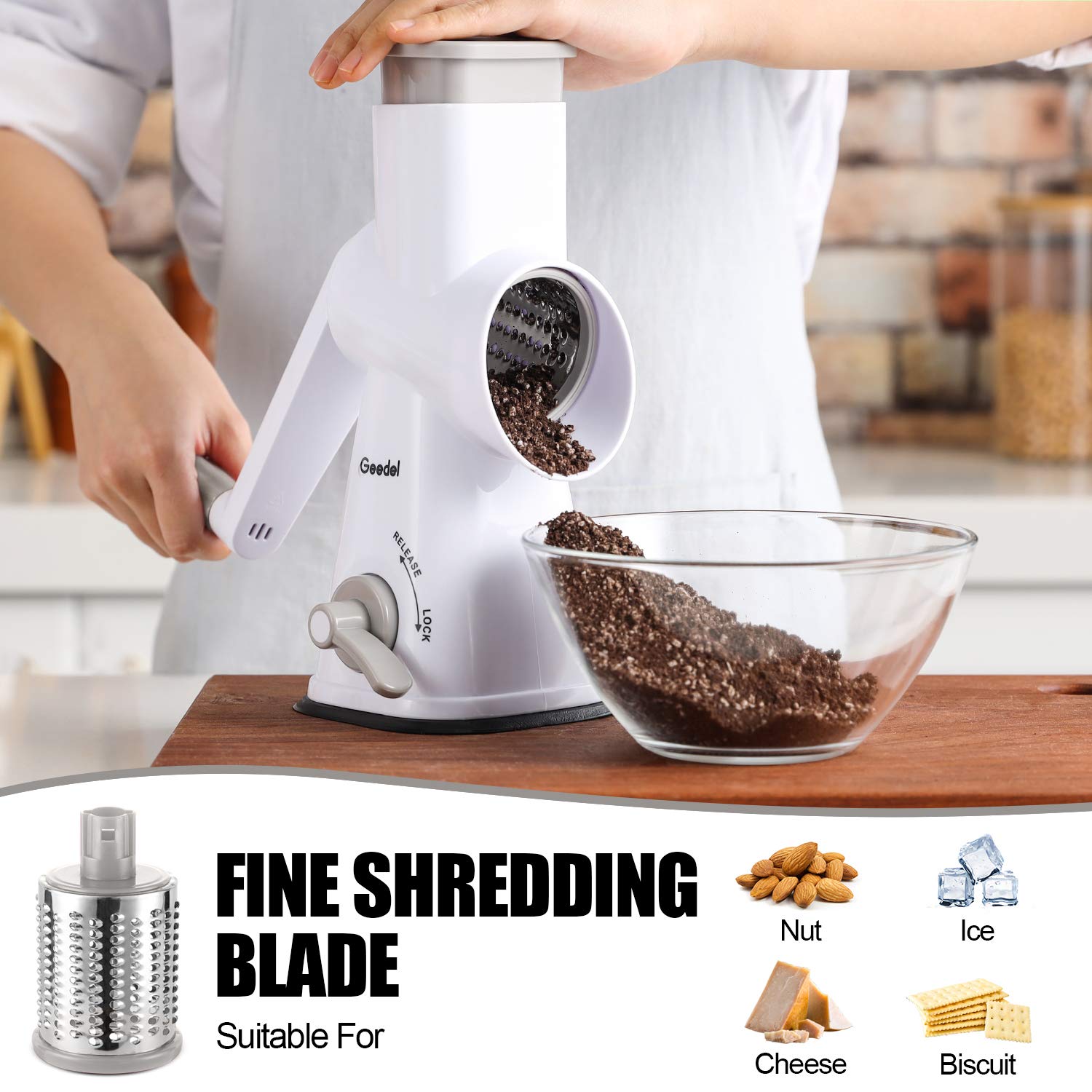Geedel Rotary Cheese Grater Hand Crank, Cheese Shredder Nuts Grinder With 3 Interchangeable Blades, Kitchen Rotary Grater For Cheese, Vegetables, Nuts, etc