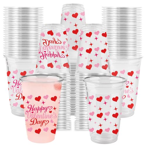 Prehalpty 60PCS Valentines Cups Disposable 16oz – Valentines Day Plastic Cup with Heart Design, Valentine Cups Bulk for Galentines Day Party Decorations