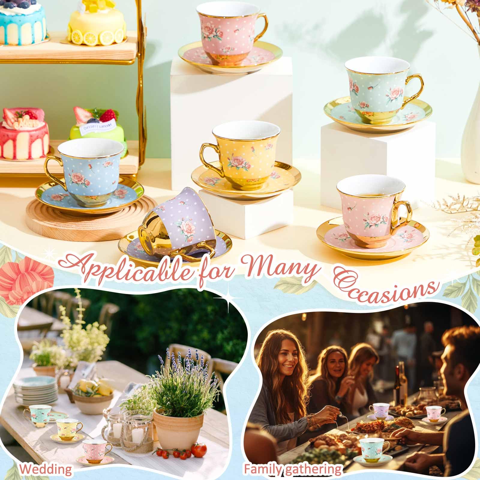 Teenyyou Set of 12 Tea Cups and Saucers Tea Party Decorations Floral Porcelain 5.4 oz British Gift for Women Birthday Party, Church, and Mother's Day (Vintage Style)