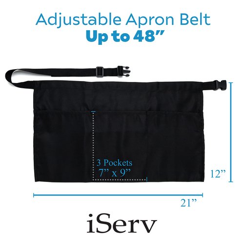 iServ 10-pack Black Waist Apron with 3 pockets (21x12 inches). Clip-on Server Apron. Restaurant Half Aprons Waitress, Waiter, Server, Bartender, Busser, Barista, Money Apron, Check Holder, Organizer