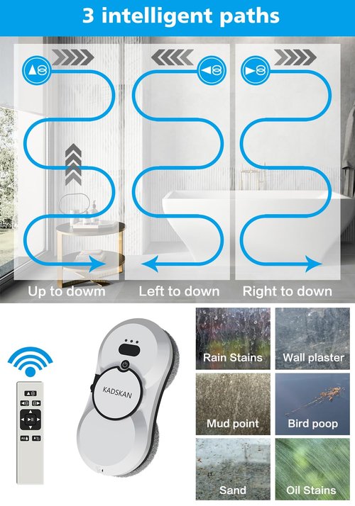 KADSKAN Window Cleaning Robot, Automatic Window Cleaner with Water Spray for Windows/Tiles/Class Door, Inside/Outside, 5600Pa Suction Power, 3.0 Path Planning, Remote Control