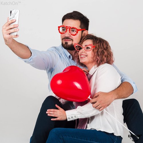 KatchOn, Red Heart Glasses - Pack of 12 | Valentines Glasses for Valentines Day Decorations | Valentines Photo Props for Valentines Decor | 6 Designs Heart Shaped Glasses | Galentines Day Decorations