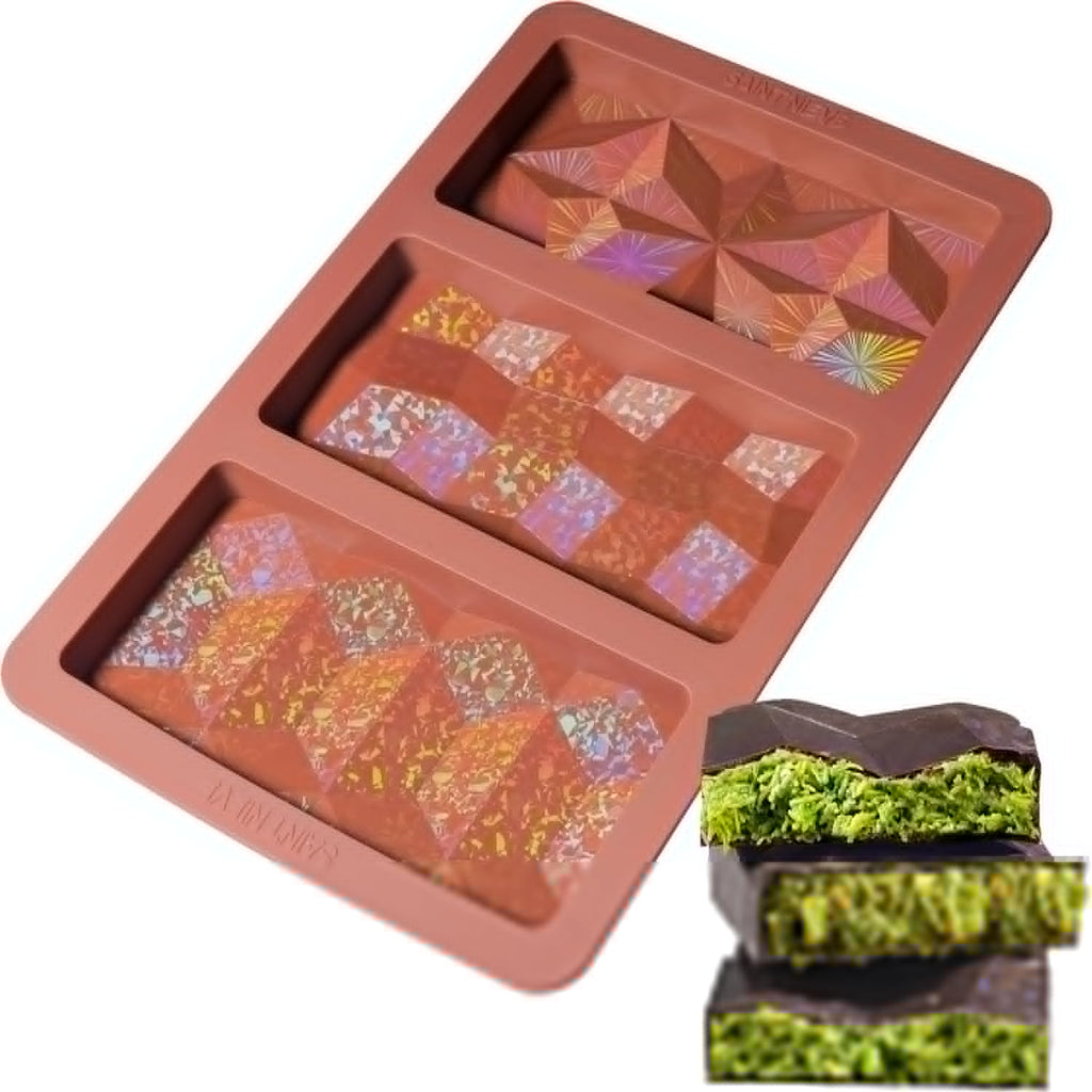 Holographic Chocolate Bar Mold, Large Thick 3-Cavity Silicone Mold for Chocolate Bars, Geometric Design, Food-Grade Non-Stick Mold for DIY Baking, Candy, and Wax Making