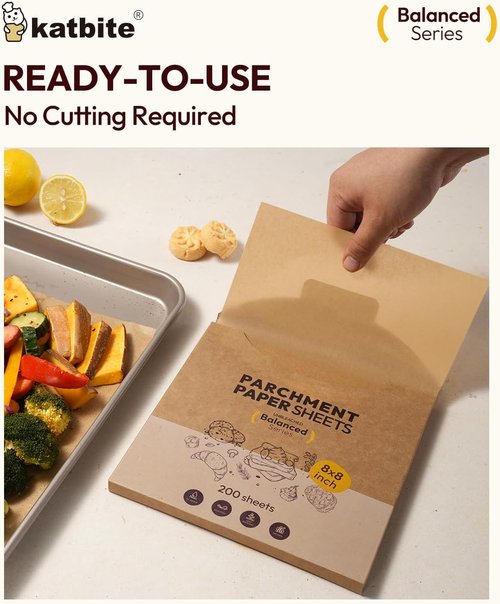 Katbite Parchment Paper - 200 Pcs Unbleached Non-Stick Baking Sheets, 8 x 8 Inch, Oil Resistant & Easy Clean