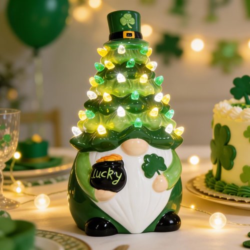 KnomeKo St Patricks Day Decorations, St Patricks Day Gnomes Ceramic Tree Lighted Gnome Leprechaun Decorations, Irish Shamrock Table Decor Gifts