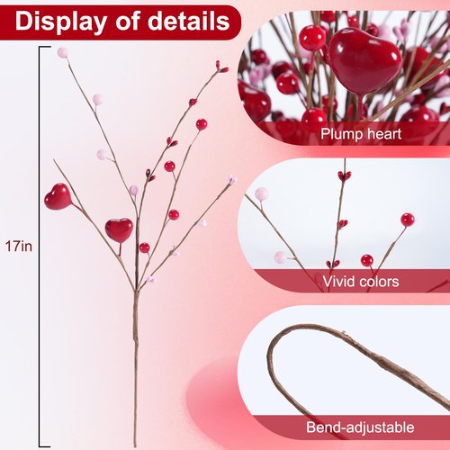 Kanxinr Valentines Day Decorations Valentine's Day Gifts 24 Pack Red Heart Shaped Berry Picks with Pink Berries for Valentine Wedding Candlelight Dinner Anniversary Decorations (Red)