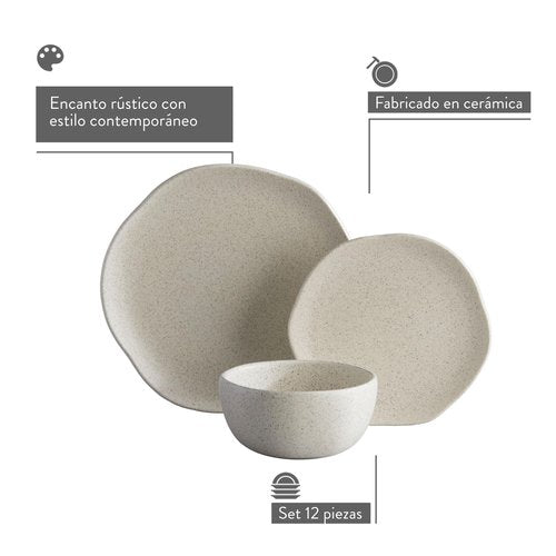 Corona Dinnerware Set 12– piece, Plates and Bowls Set, Ceramic Sets for 4, Microwave and Dishwasher Safe, Orion Reactive Glaze