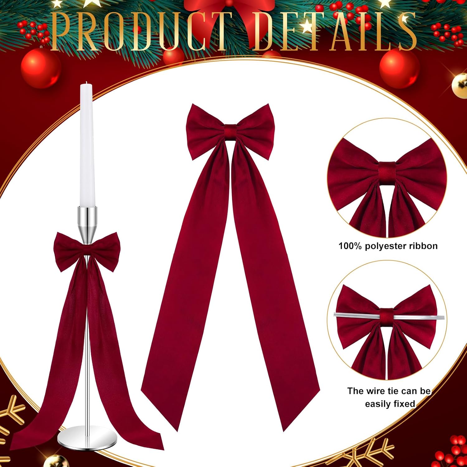 Teenyyou 12 Pcs Red Valentine's Candlestick Bows - 13 Inch Large Self-Adhesive Table Decor for Weddings & Parties