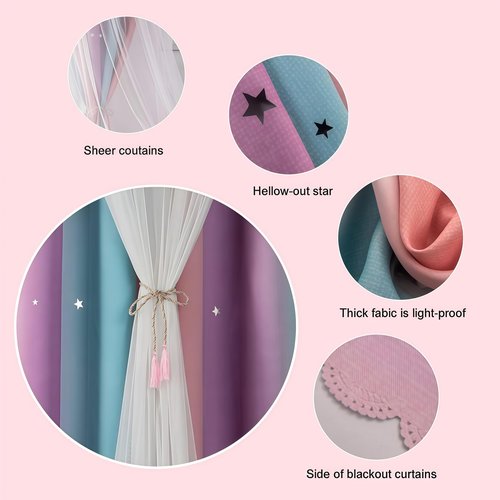 SENEETO 2 Panels Rainbow Curtains for Girls Bedroom, Star Darkening Curtains for Kids Girls Room, Unicorn Princess Window Decor, Privacy Protection and Insulation (Pink Purple Blue, W52 X L84)