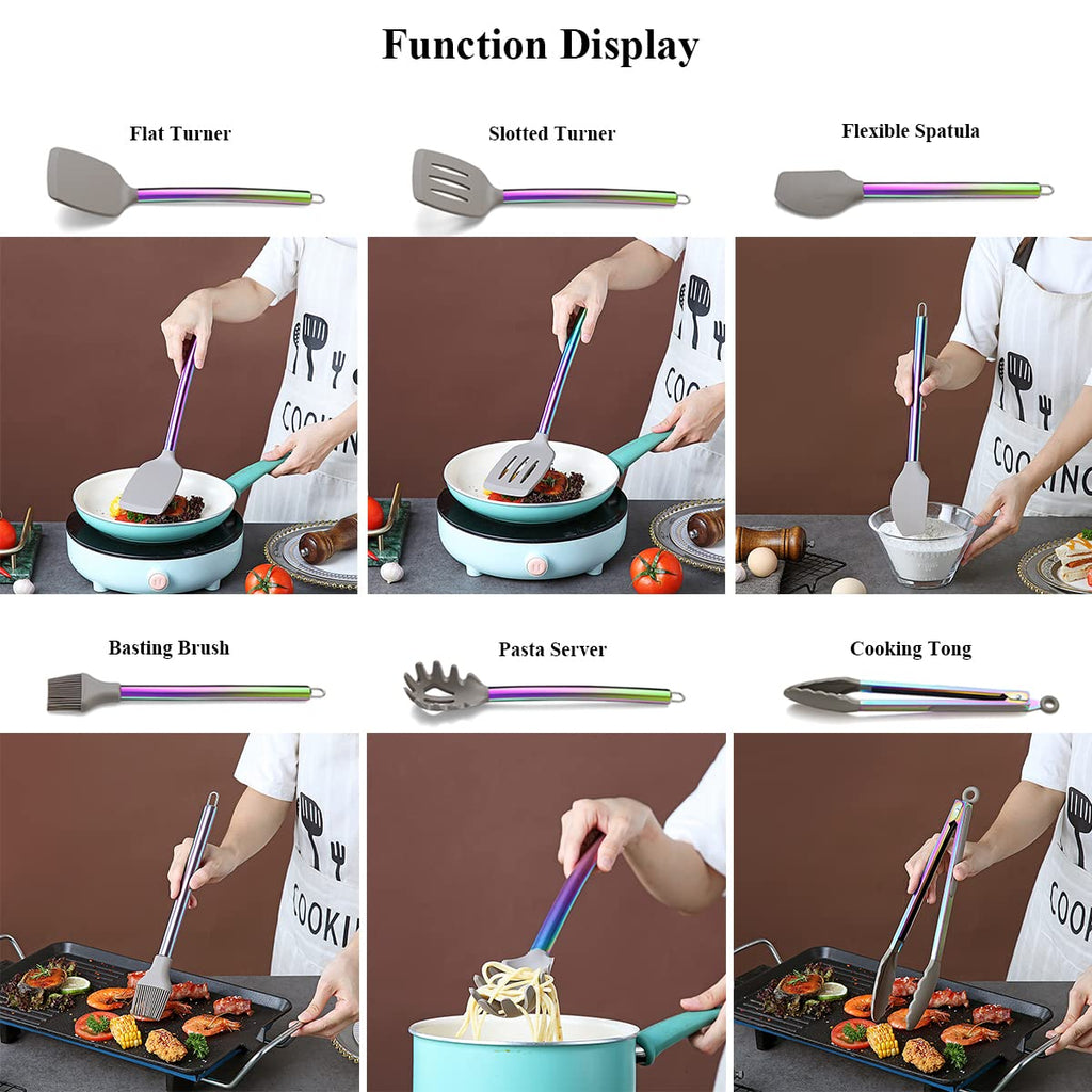 38 Piece Silicone kitchen Cooking Utensils Set with Utensil Rack, Silicone Head and Stainless Steel Handle Cookware, Kitchen Tools, Non-Stick kitchen Gadgets, Dishwasher Safe (Rainbow)