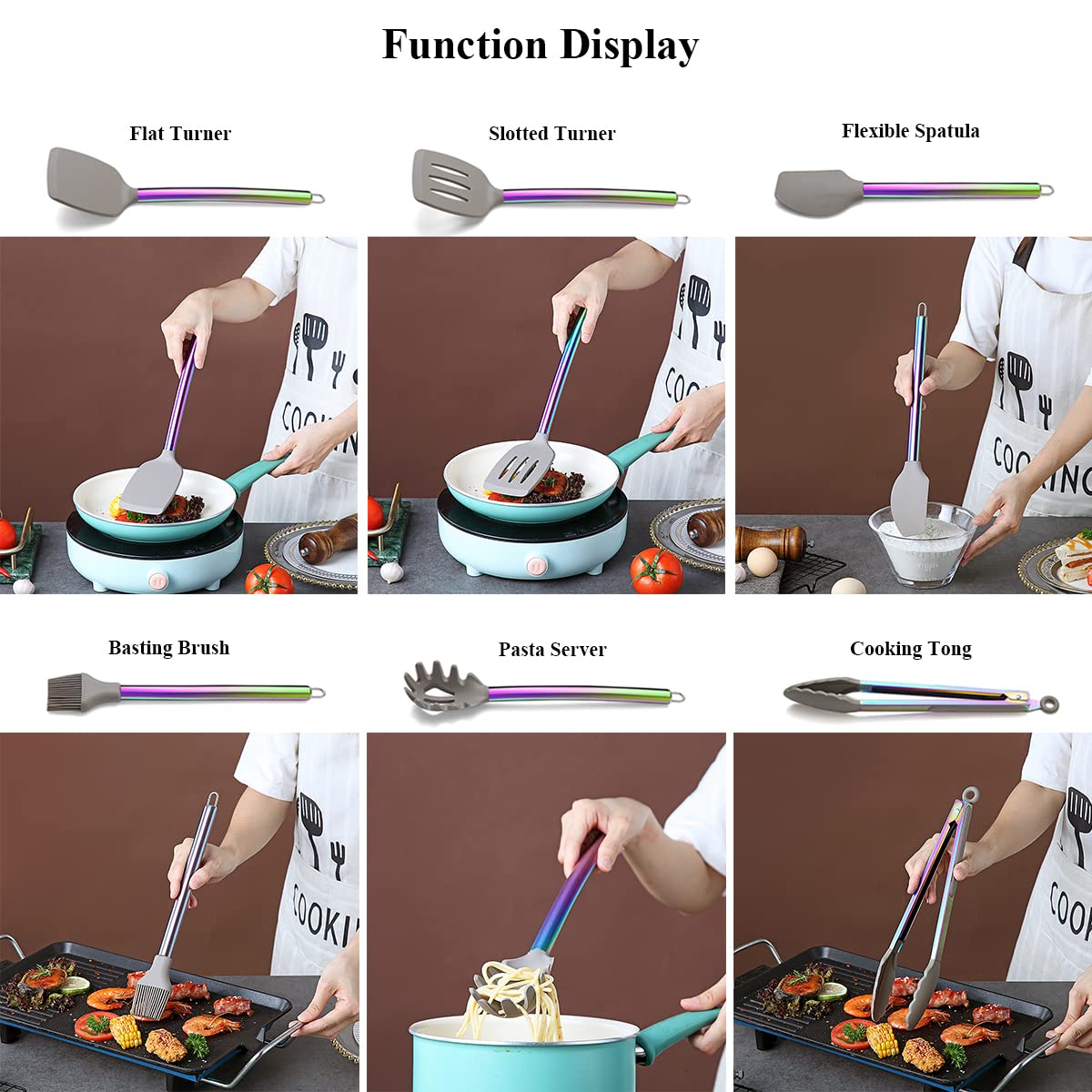 38 Piece Silicone kitchen Cooking Utensils Set with Utensil Rack, Silicone Head and Stainless Steel Handle Cookware, Kitchen Tools, Non-Stick kitchen Gadgets, Dishwasher Safe (Rainbow)