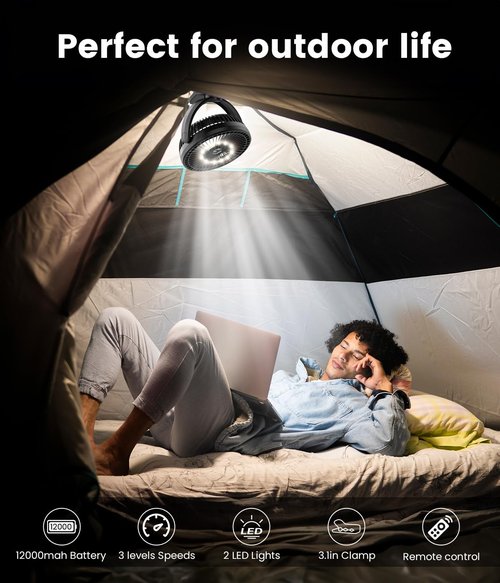 Korbot 8-inch Clip-on Fan - 12000mAh Portable Rechargeable Battery With 3 Speeds and Strong Airflow, USB Small Desk Personal Quiet for Office, Stroller, Bedroom and Camping