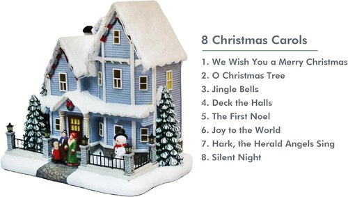 Moments In Time Vintage Christmas Village House - 8.9” Lighted LED Musical Décor with Snowman & Family Scene