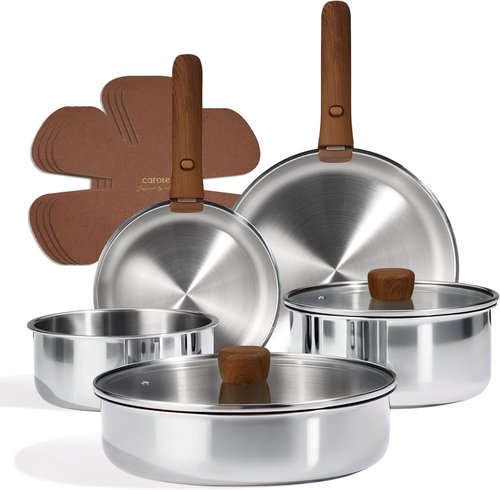 CAROTE 13 PCS Tri-Ply Stainless Steel Cookware Set - Induction Ready, Detachable Handle, Oven Safe
