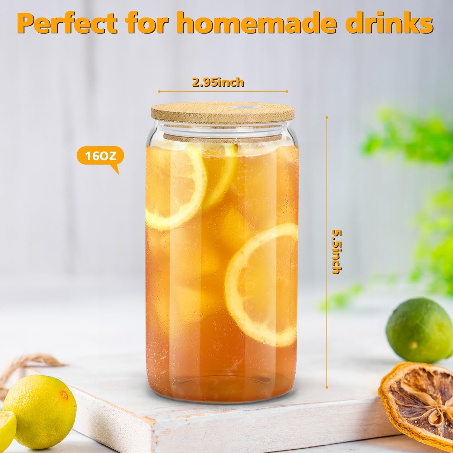 sungwoo 2PCS Glass Cups with Bamboo Lids and Straws, 16OZ Ice Coffee Cup, Drinking Cup set with Wooden Lids, Home Essential Glass Tumblers for Beer, Cocktail, Tea and Latte Clear