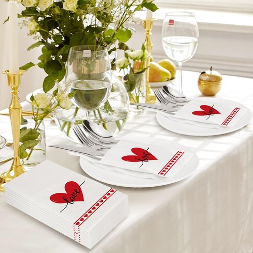 IANFEPH 50 Pack Linen-Feel Paper Napkins with Built-in Flatware Pocket, Prefolded Cloth Like Disposable Dinner Napkins Pocket for Kitchen Wedding Bridal Shower Birthday Party Decor (Valentine Love)