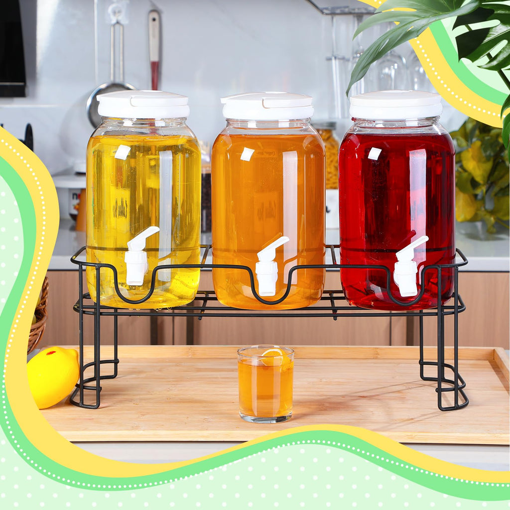 Tanlade 3 Pcs Plastic Drink Dispenser with Stand Beverage Dispenser with Sturdy Metal Base Juice Dispensers for Parties Lemonade Jar Spigot for Weddings Countertop, Each 1 Gallon(White)