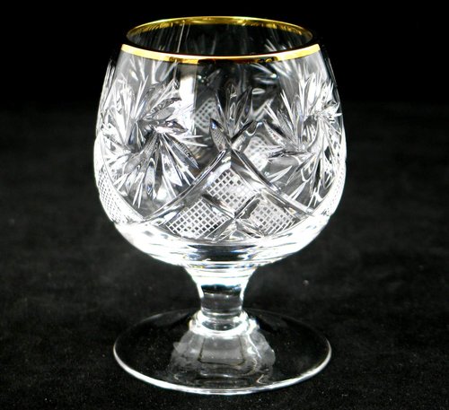 SET of 6 Russian Cut Crystal Cognac Scotch Whiskey Stemmed Snifter Goblet Glass, 24K Gold Rimmed 5 Oz. Vodka Liquor Old-fashioned Glassware Hand Made