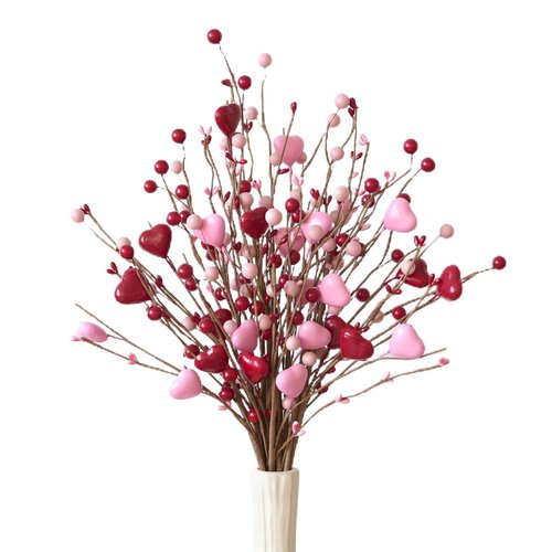 idyllic 17 Inch 24 Pcs Valentine's Day Pink Red Heart Berry Branch Decoration, Artificial Stem Picks for Indoor Mantel Cabinet Table Valentine Wedding Anniversary Dinner Home Decor